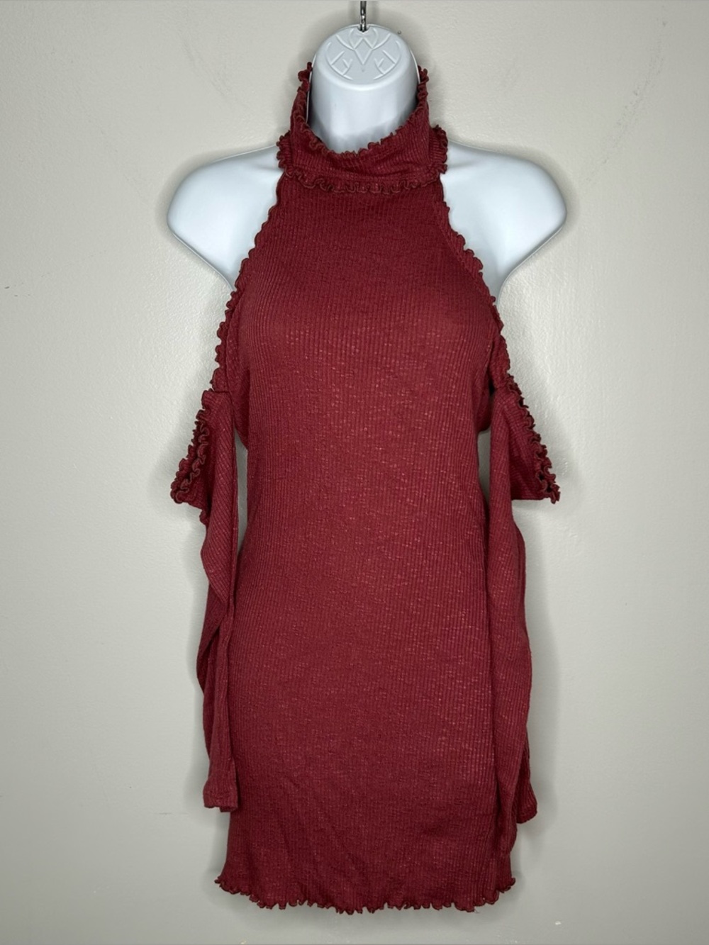 Fashion Nova Ribbed Cold-Shoulder Mock Neck Burgundy Dress Size L - Picture 1 of 9